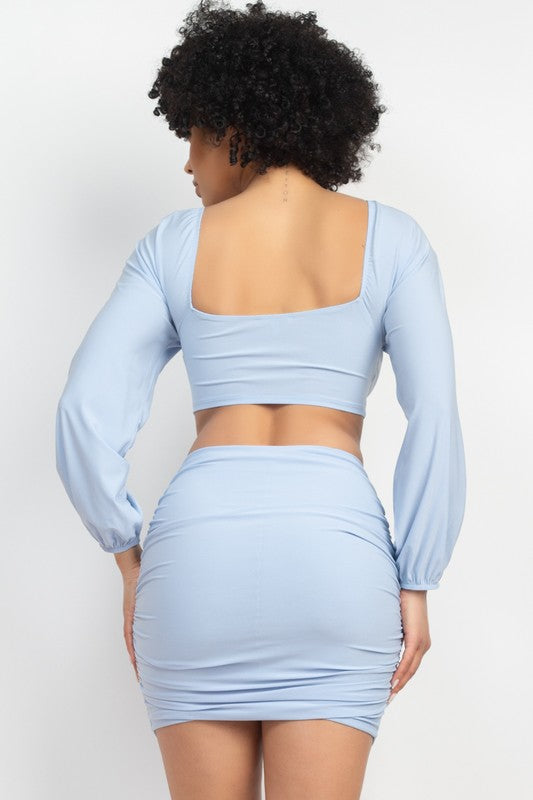Front Knot Long Sleeve & Ruched Skirt Set 03208