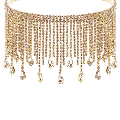 Gold Rhinestone Fringe Teardrop Choker