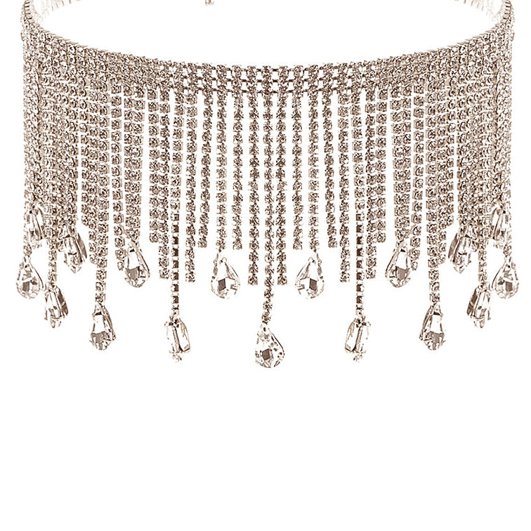 Silver Rhinestone Fringe Teardrop Choker