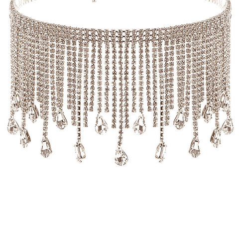 Silver Rhinestone Fringe Teardrop Choker