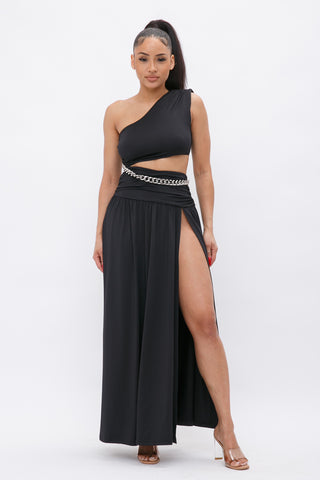 One Shoulder Cut-Out Slit Dress w/ Chain 22726 ( FINAL SALE )
