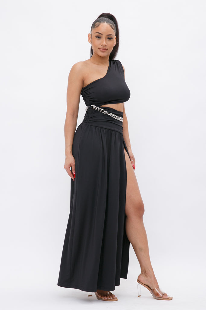 One Shoulder Cut-Out Slit Dress w/ Chain 22726 ( FINAL SALE )