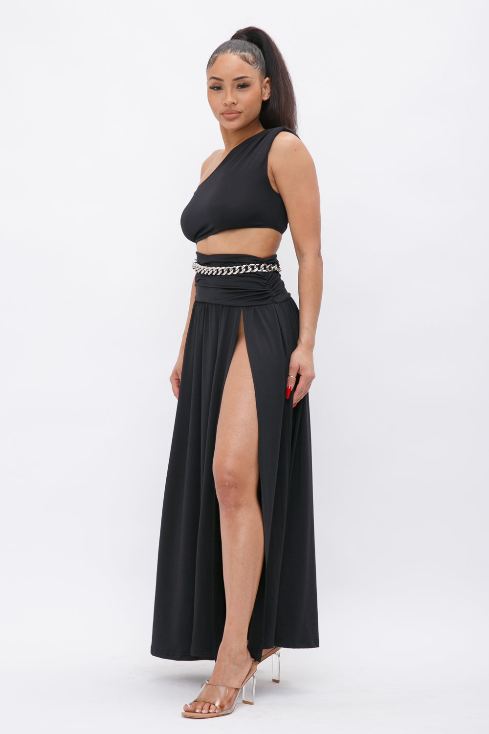 One Shoulder Cut-Out Slit Dress w/ Chain 22726 ( FINAL SALE ) Black / Small One Shoulder Cut-Out Slit Dress w/ Chain 22726 ( FINAL SALE ) Black / Small