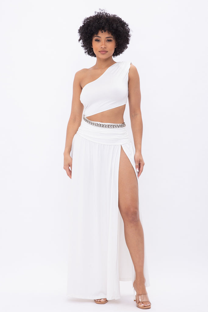 One Shoulder Cut-Out Slit Dress w/ Chain 22726 ( FINAL SALE )