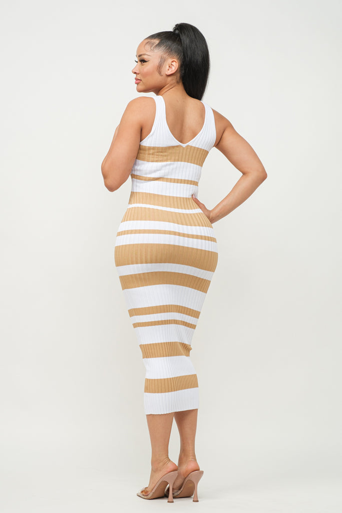 Striped V-Neck Midi Dress 23236