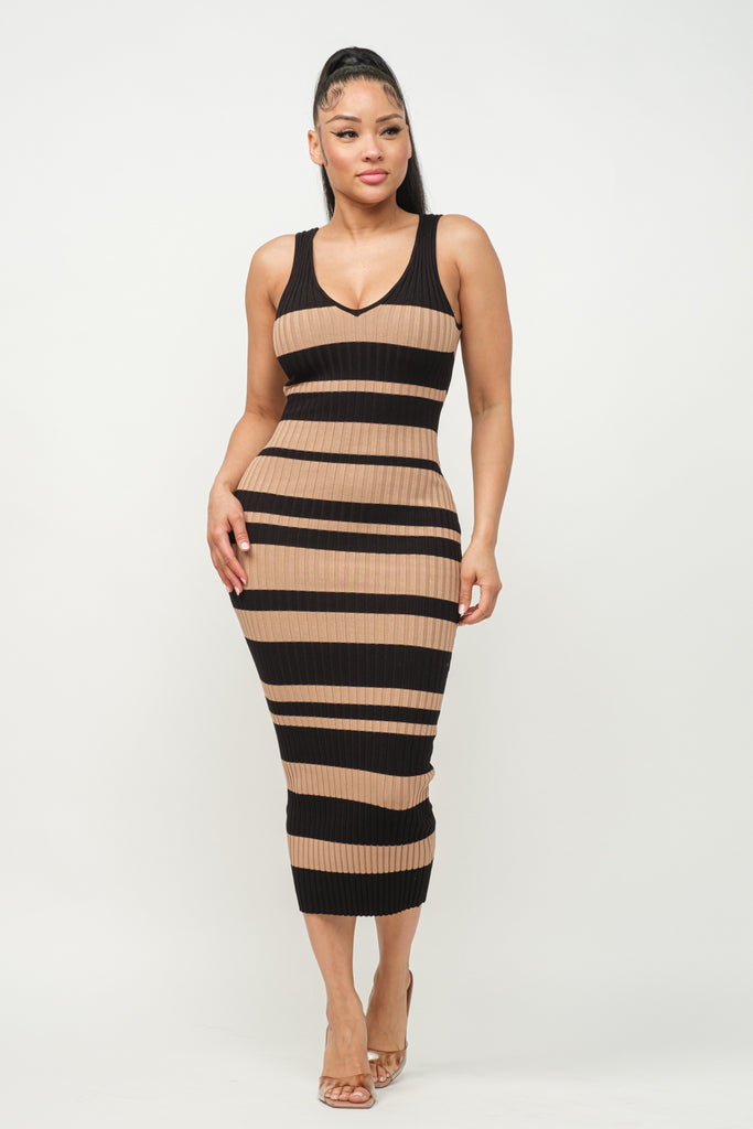 Striped V-Neck Midi Dress 23236