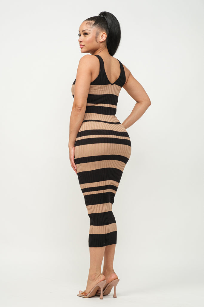 Striped V-Neck Midi Dress 23236