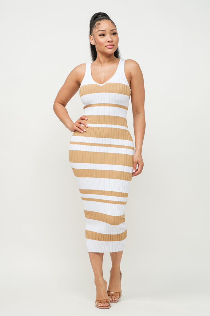 Striped V-Neck Midi Dress 23236