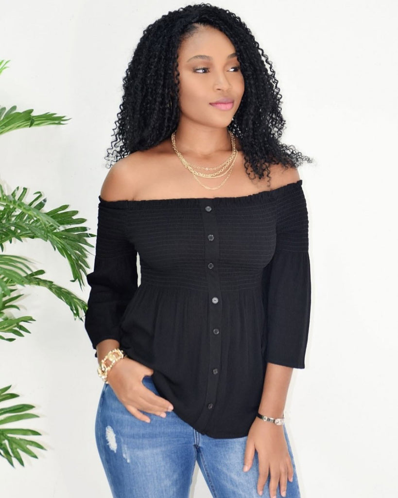 Smocked Button Front Flared 3/4 Sleeve Babydoll Top 71390