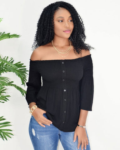 Smocked Button Front Flared 3/4 Sleeve Babydoll Top 71390