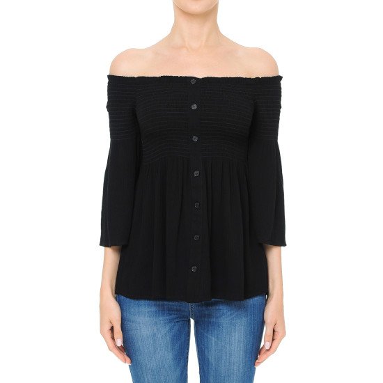 Smocked Button Front Flared 3/4 Sleeve Babydoll Top 71390