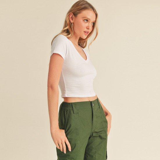 V-Neck Short Sleeve Crop Top 73556