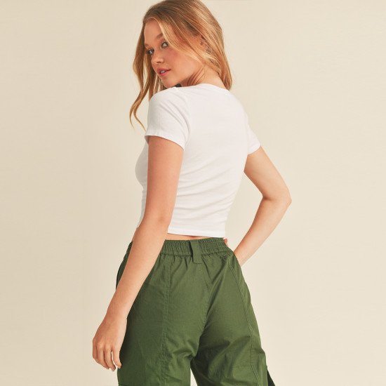 V-Neck Short Sleeve Crop Top 73556