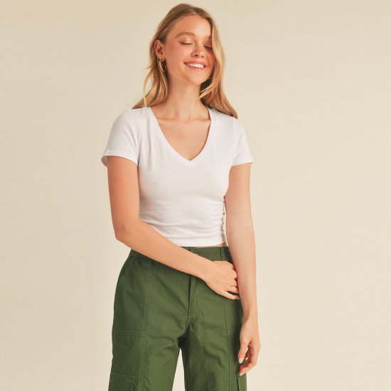 V-Neck Short Sleeve Crop Top 73556