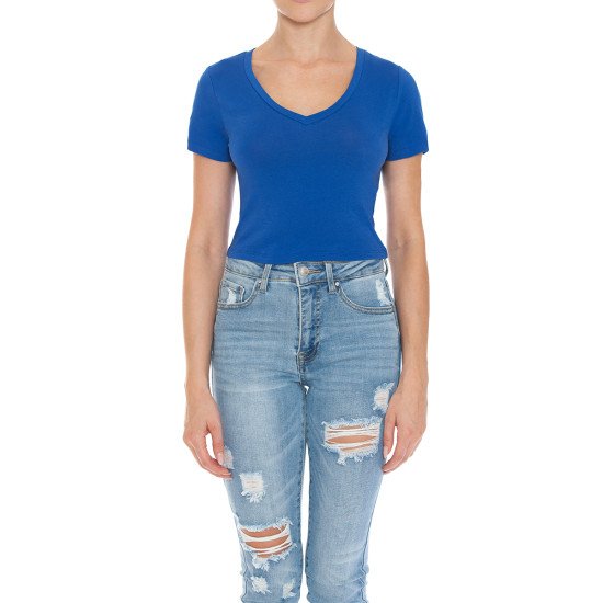 V-Neck Short Sleeve Crop Top 73556