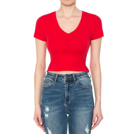 V-Neck Short Sleeve Crop Top 73556