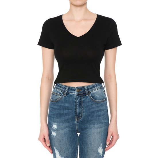 V-Neck Short Sleeve Crop Top 73556