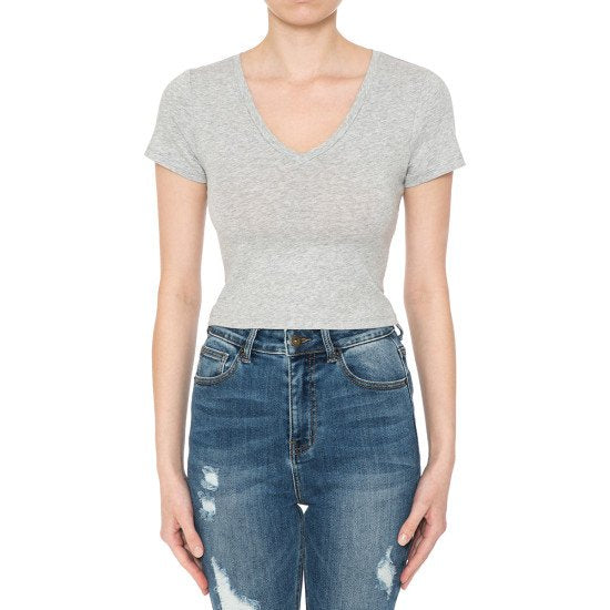 V-Neck Short Sleeve Crop Top 73556