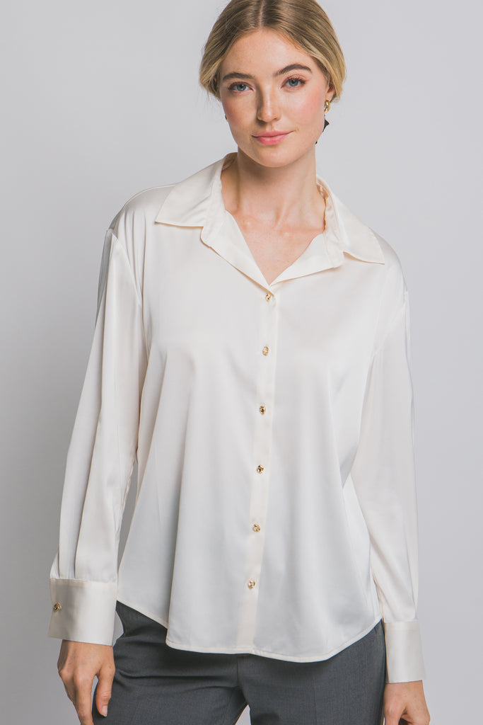 Long Sleeve Collared Satin Top 10384