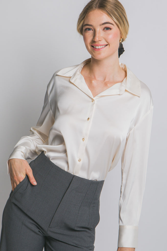 Long Sleeve Collared Satin Top 10384