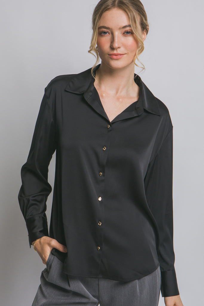 Long Sleeve Collared Satin Top 10384