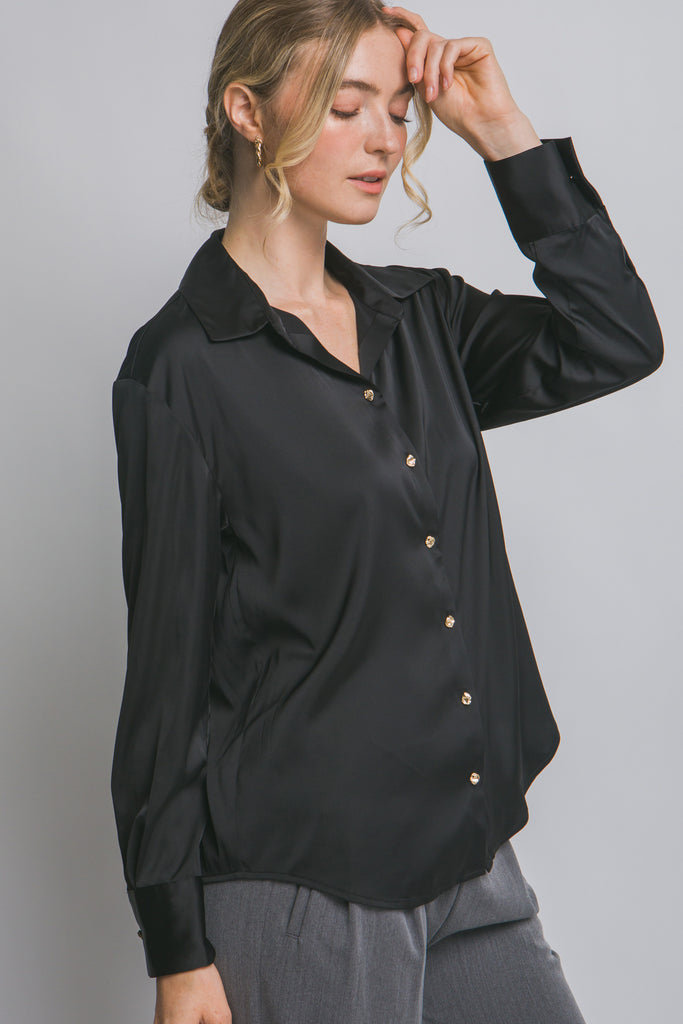 Long Sleeve Collared Satin Top 10384