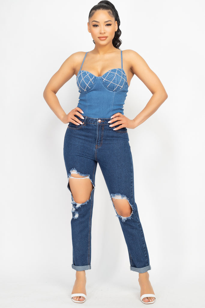 Rhinestone Denim Bodysuit 55319
