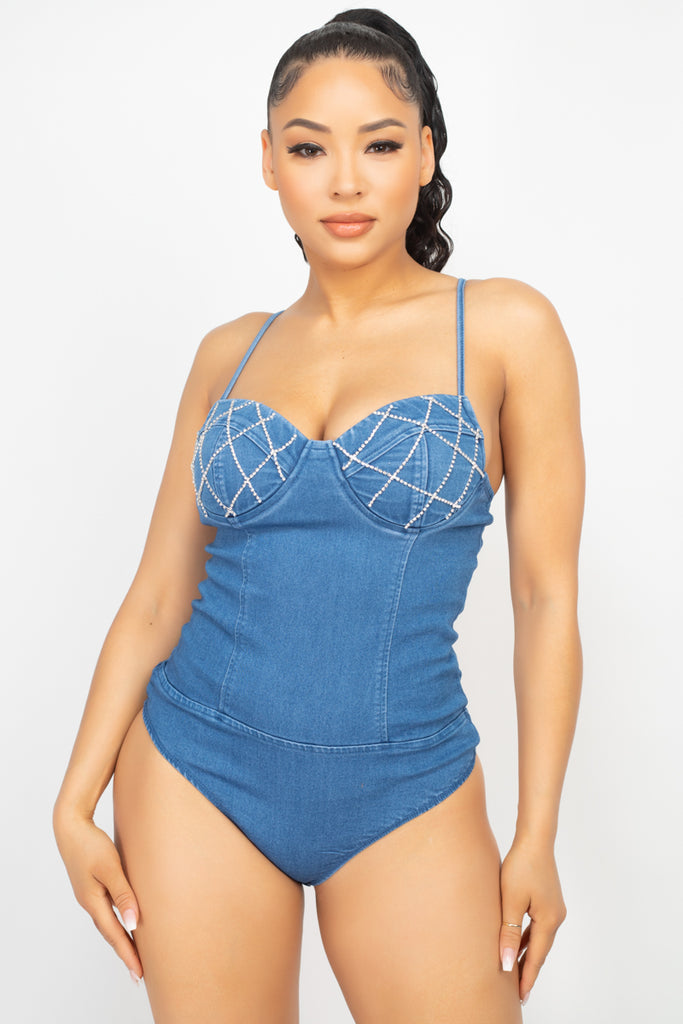 Rhinestone Denim Bodysuit 55319