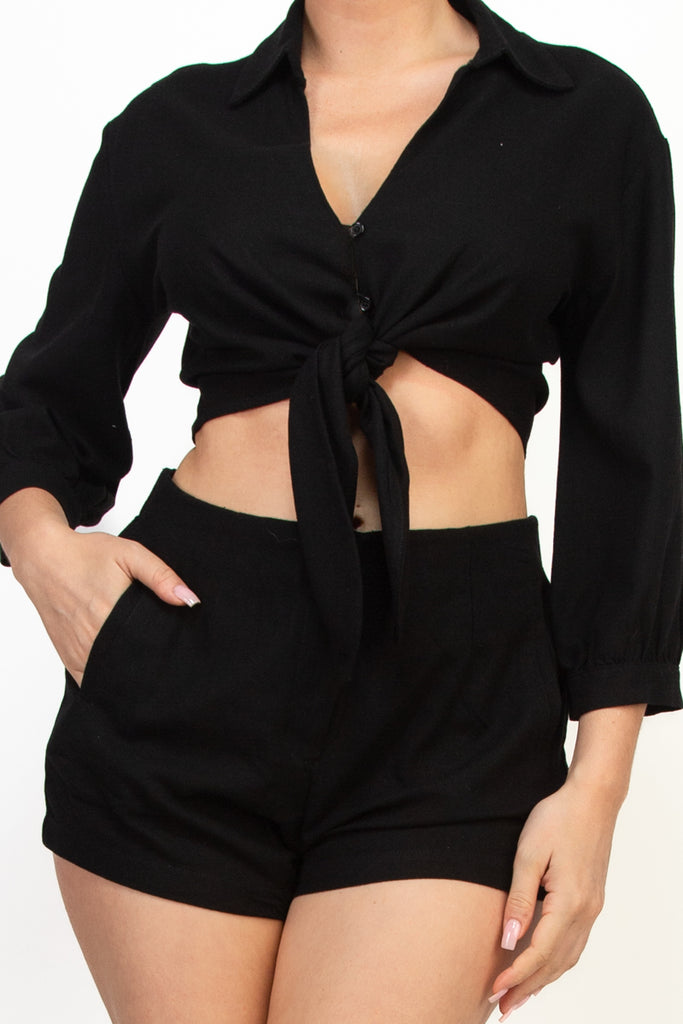 Front Tie Collared Cropped Top 5714