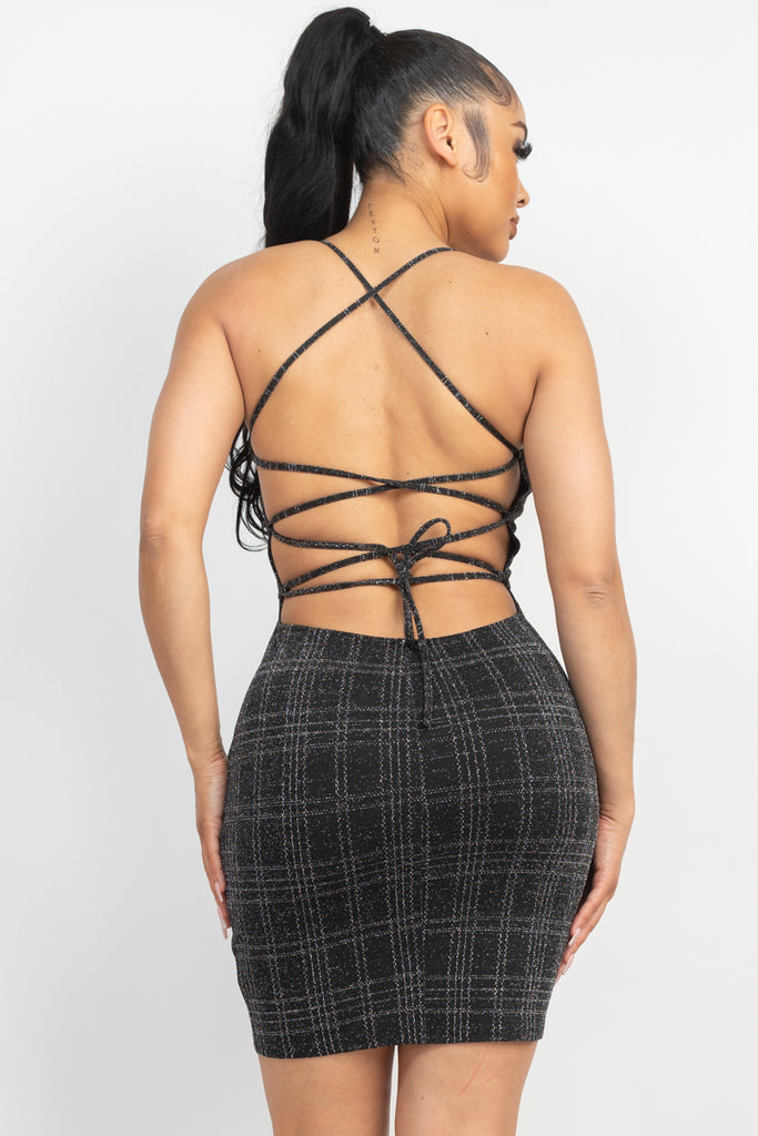 Laced-Up Backless Plaid Dress 5099