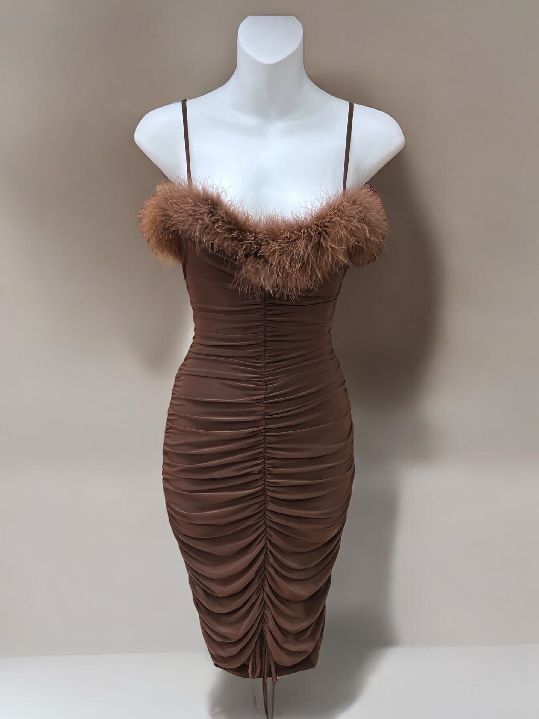Fuzzy Trim Rushed Dress 3805 ( FINAL SALE ) Brown / Medium Fuzzy Trim Rushed Dress 3805 ( FINAL SALE ) Brown / Medium