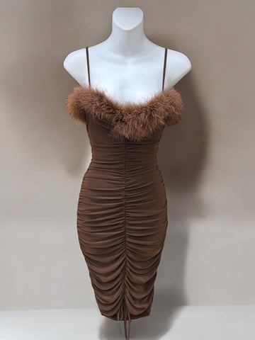 Fuzzy Trim Rushed Dress 3805 ( FINAL SALE )