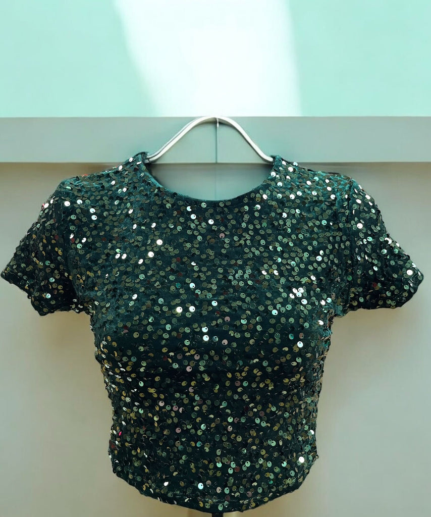 Sequin Crew Neck Cropped Top 13973