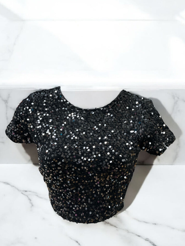 Sequin Crew Neck Cropped Top 13973