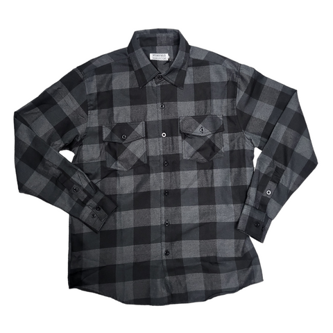 Plaid Flannel Button Up Long Sleeve Mensfield Black/Charcoal