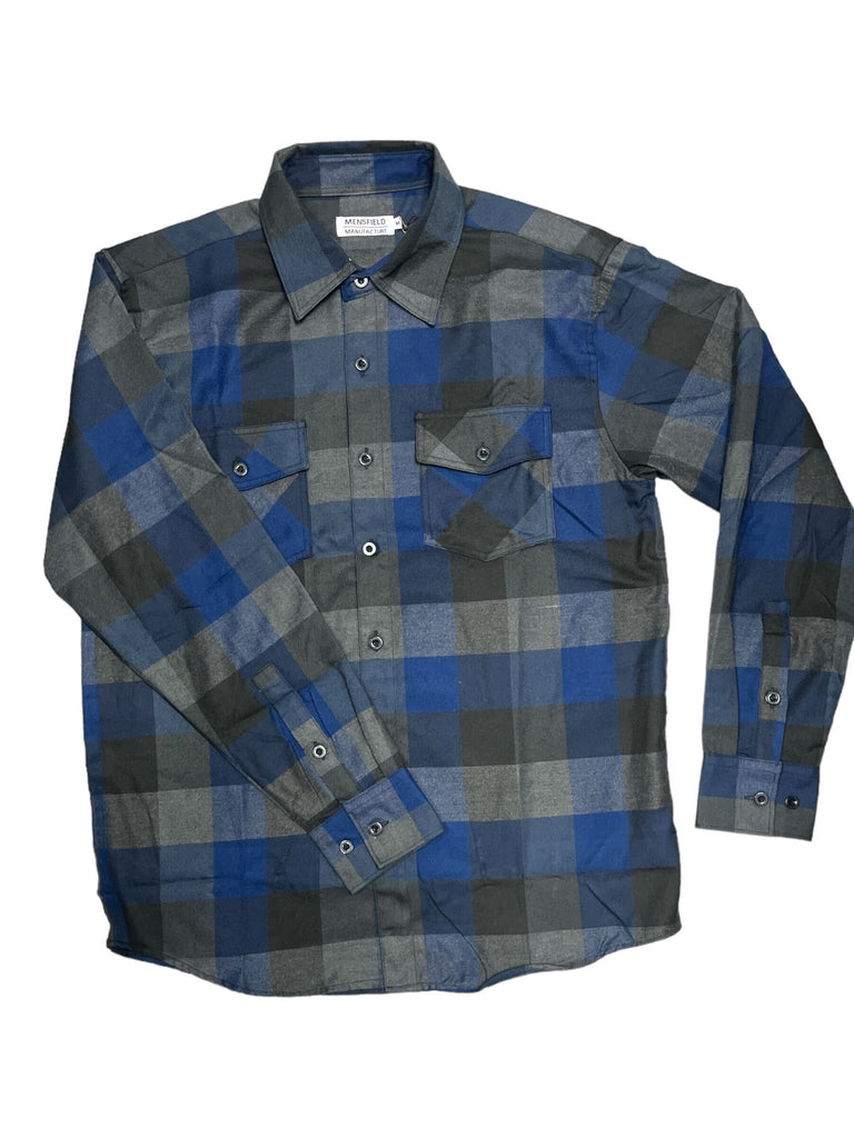Plaid Flannel Button Up Long Sleeve Mensfield Charcoal/Navy
