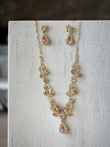 Gold & Pink Teardrop Necklace & Earrings Set