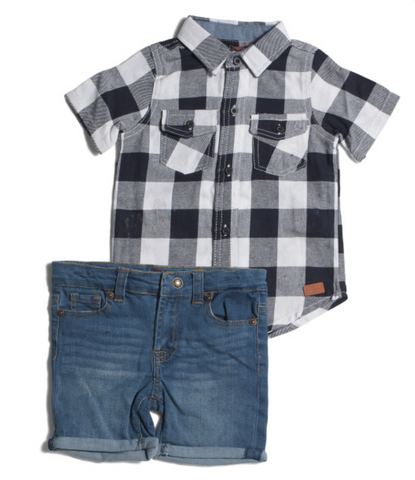 Boy's Plaid Button Up & Denim Shorts Set 7 For All Man Kind