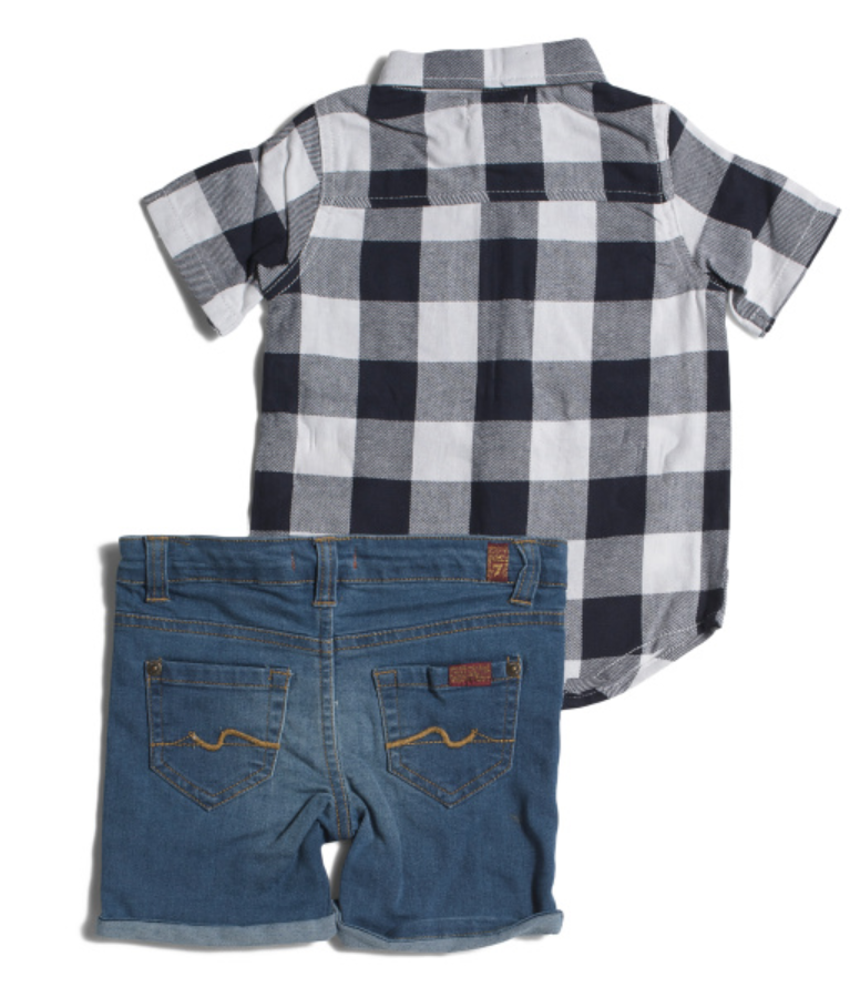 Boy's Plaid Button Up & Denim Shorts Set 7 For All Man Kind