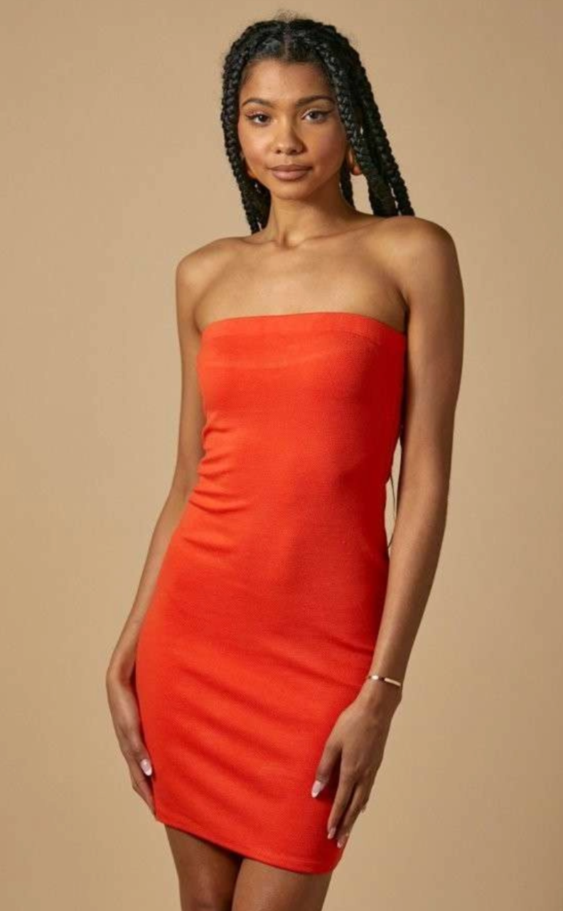 tube top mini dress Knit 45631 ( FINAL SALE ) Orange / Small VENDOR COLOR-DARK DENIM Flirty Charming strapless mini Dreamlike Dress Black – Color:Sleek Black