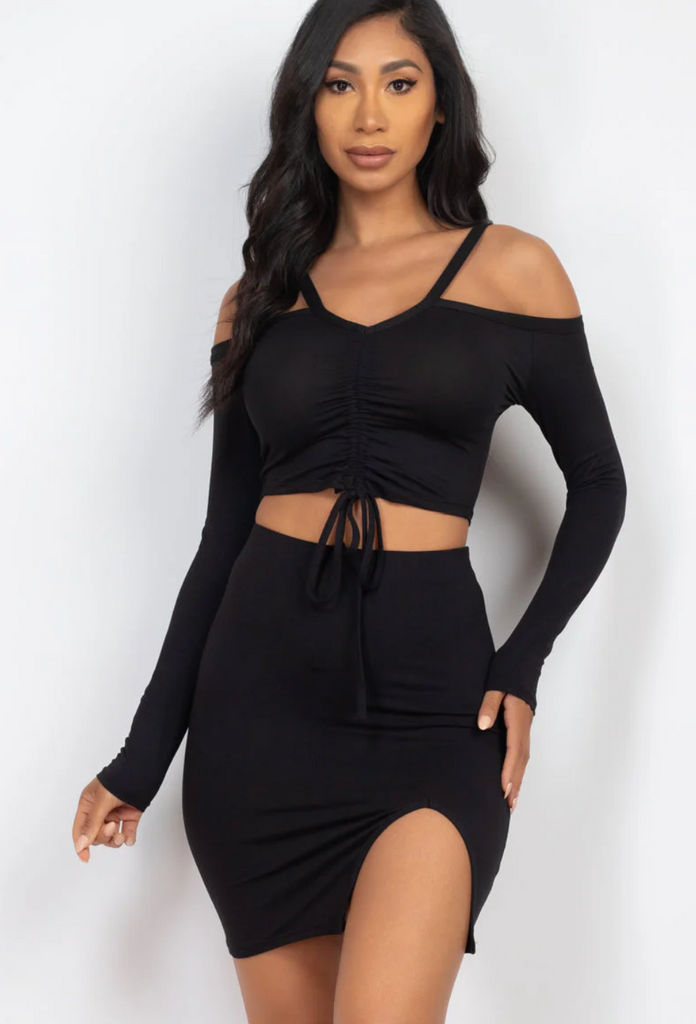 Crop Top & Side Slit Mini Skirt Set 3452