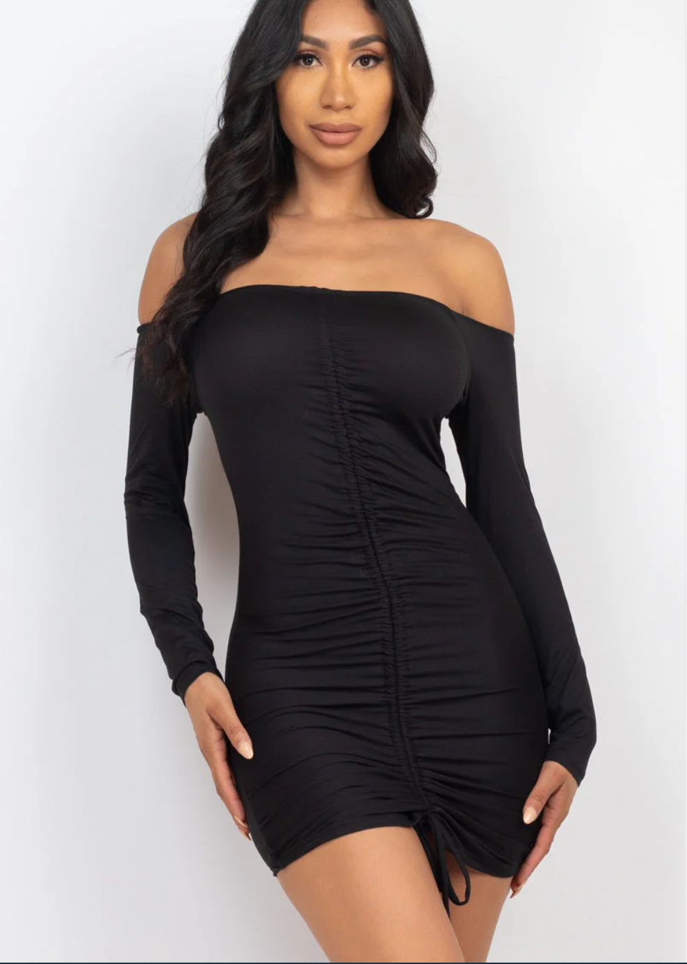 cross over off shoulder ruched bodycon dress Off Shoulder Ruched Bodycon Dress 3447 ( FINAL SALE ) Black Ombre / Small