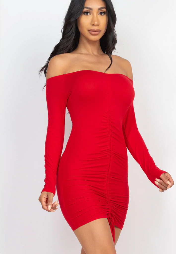 Off Shoulder Ruched Bodycon Dress 3447