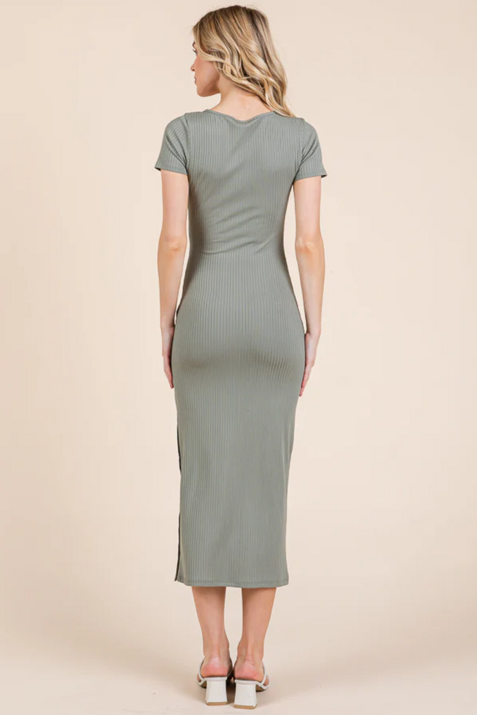 Notch Neckline Ribbed Dress w/ Side Buttons 48362