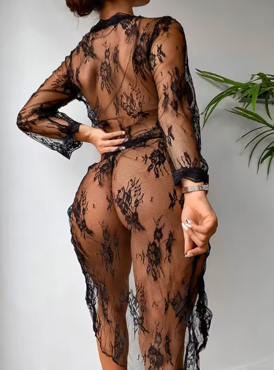 Lace Chemise Cardigan & Thong Lingerie