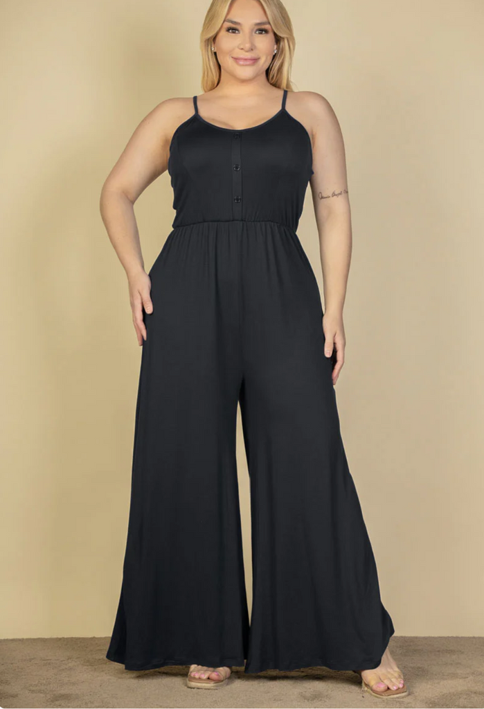 Front Button Wide Leg Jumpsuit Plus 5187