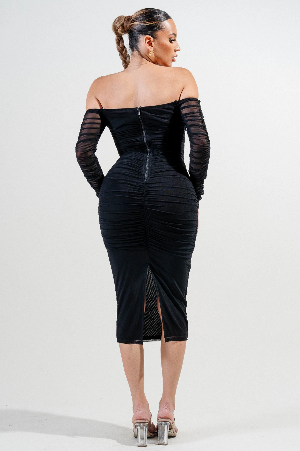 off the shoulder long sleeve midi dress Off Shoulder Long Sleeve Midi Dress Privy 78218 Black / Medium