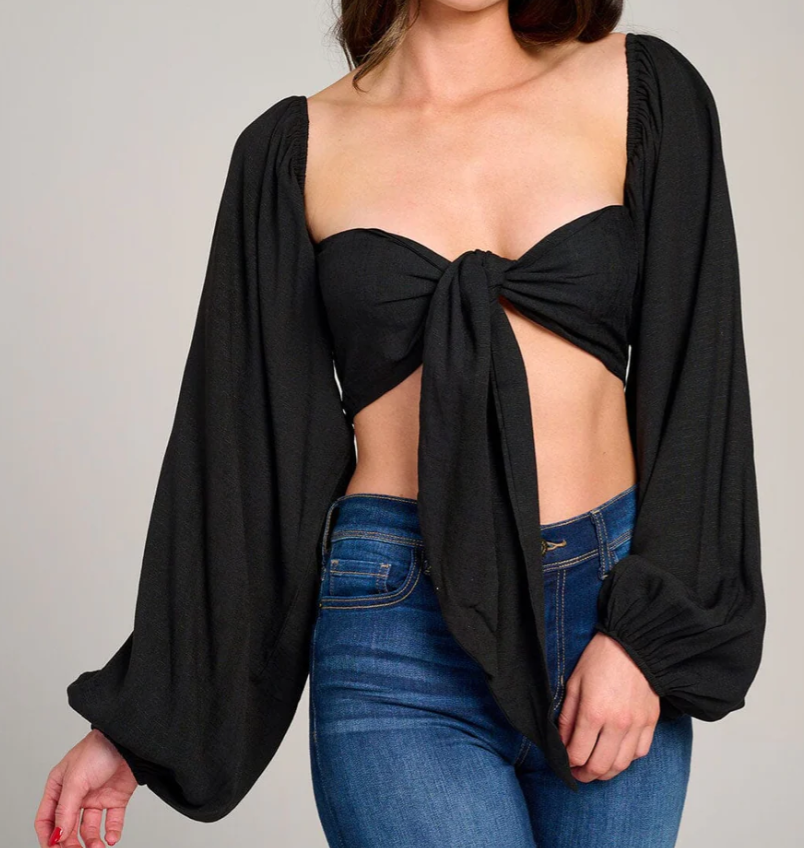 Long Sleeve Smock Front Tie Crop Top 5859