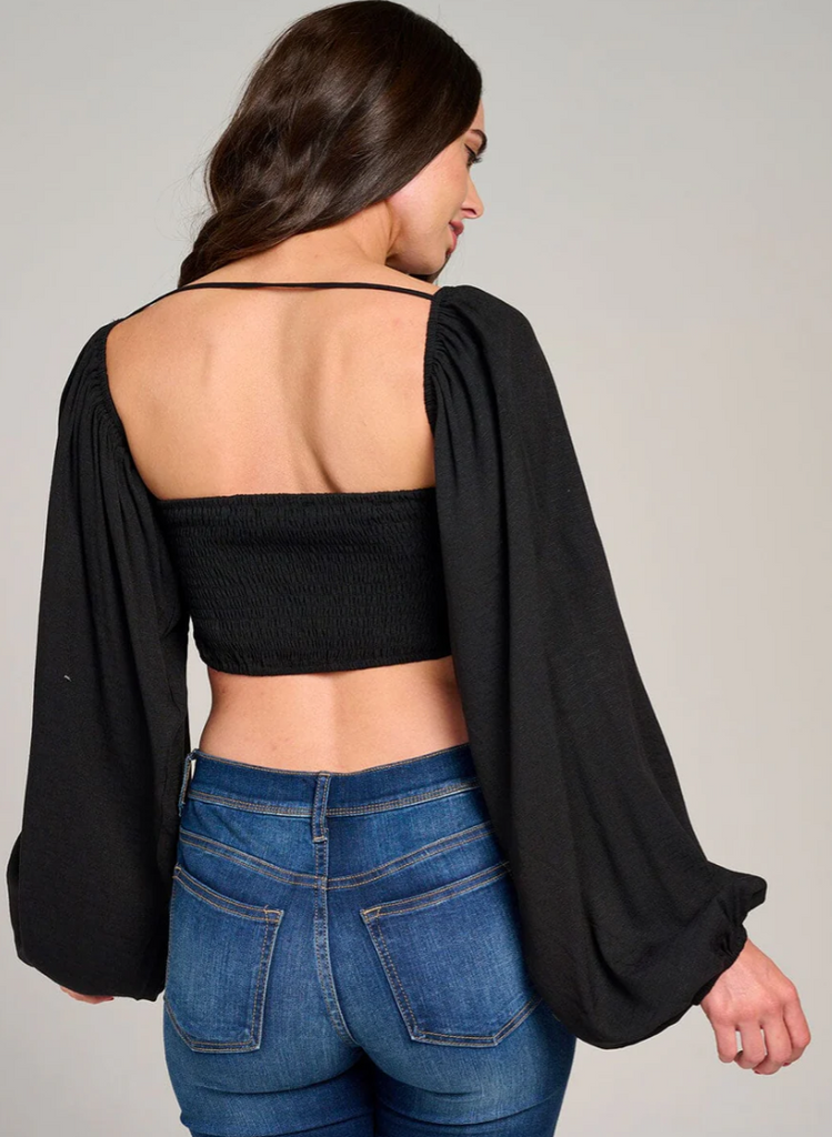 Long Sleeve Smock Front Tie Crop Top 5859