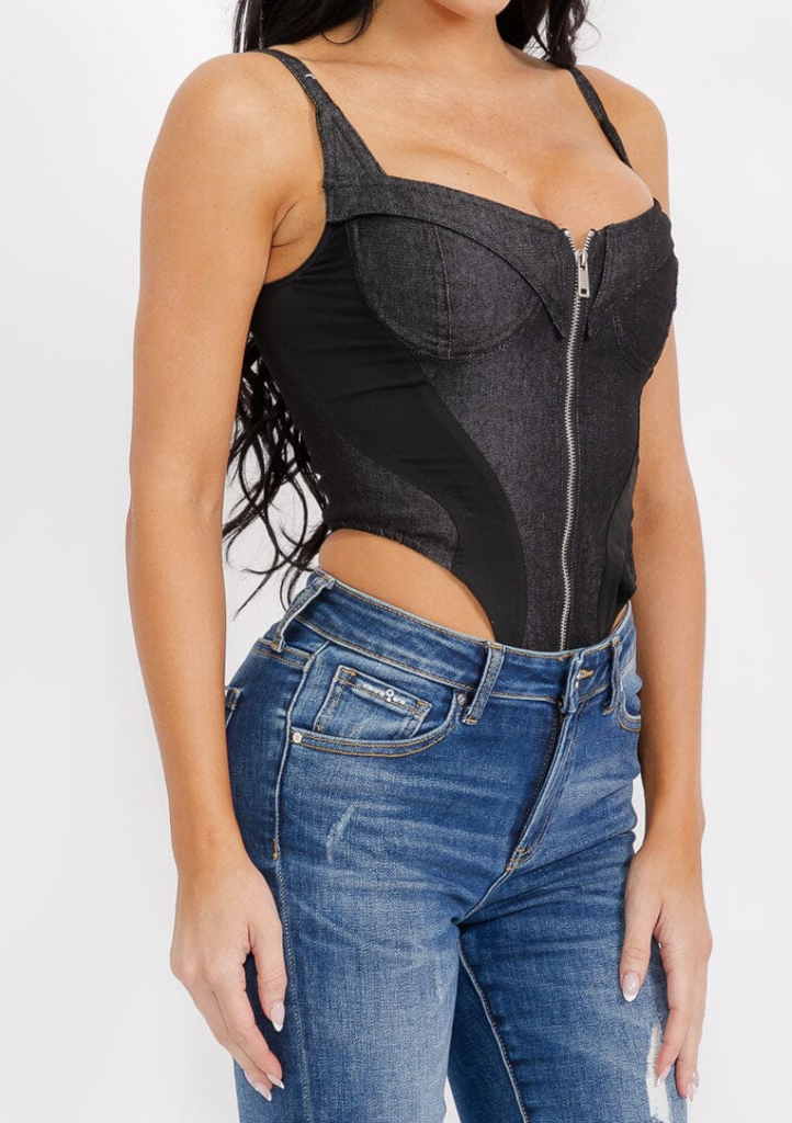 Zip Up Color Block Denim Bodysuit 2371